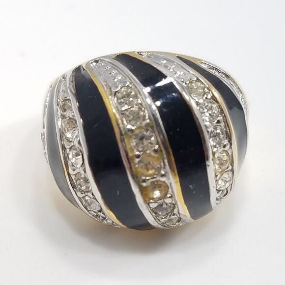 Vintage Cocktail 18 KHGE Ring, Black Enamel, Clear Rhinestones, Size 5, 1990s - Picture 1 of 10